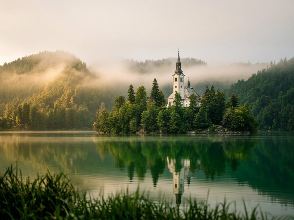 Lake Bled in morning mist
